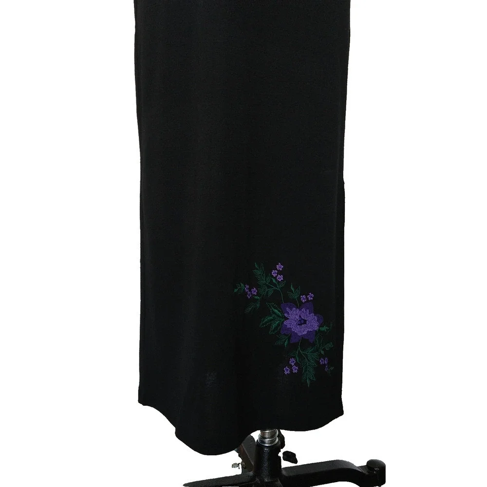 Vintage 90s Black Embroidered Maxi Dress Size M Petite Floral Knit Wool Blend - Picture 3 of 7